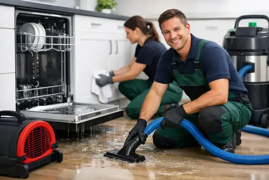Two technicians extracting water from a kitchen floor beside an open dishwasher