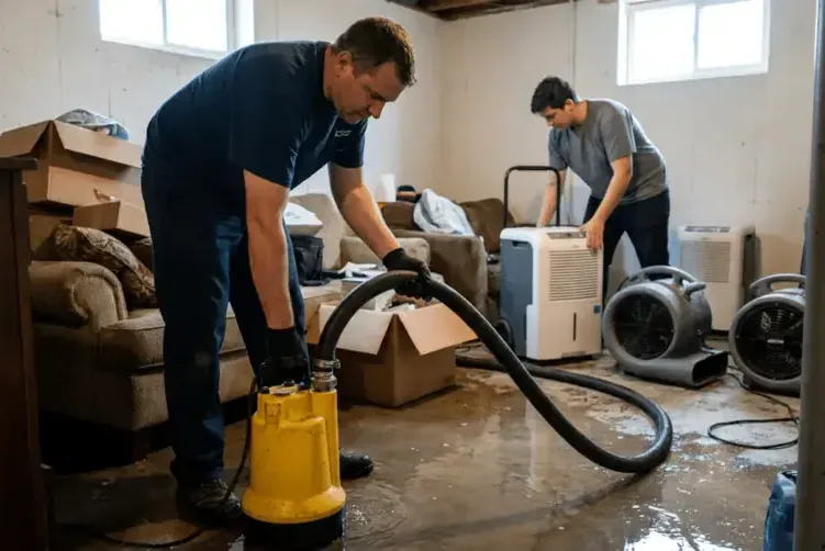 A crew extracting water while dehumidifiers run behind them