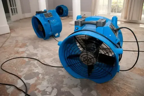 Air movers running across a stripped floor during a dry-out