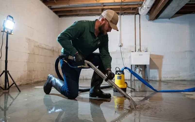 A restoration crew pulling standing water out of a flooded home