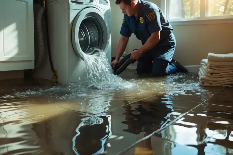 Water pouring from a washing machine across a laundry room floor