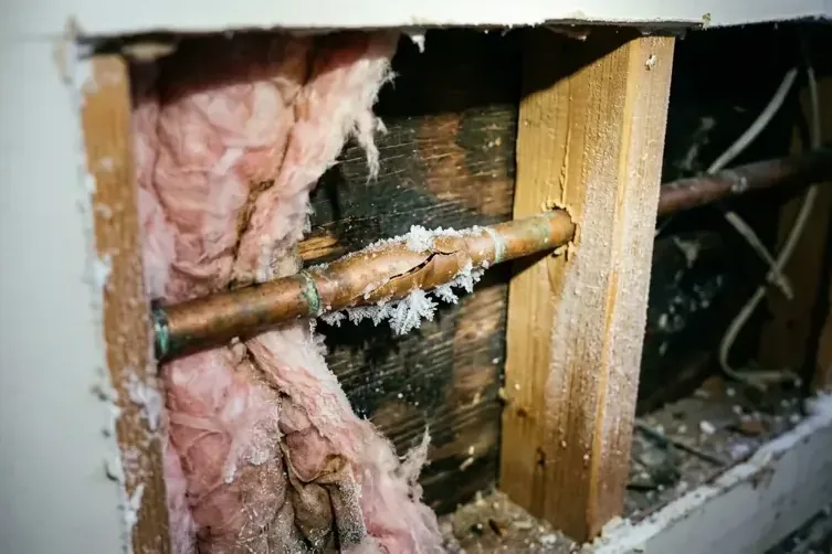 Split copper pipe spraying water inside an opened wall with wet insulation