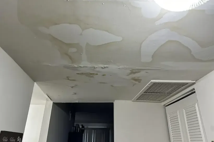 Water stains spreading across a ceiling from a leak above