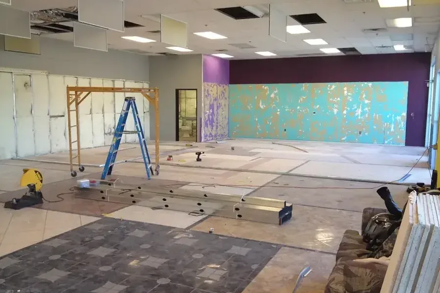 Water damage restoration underway inside a commercial building