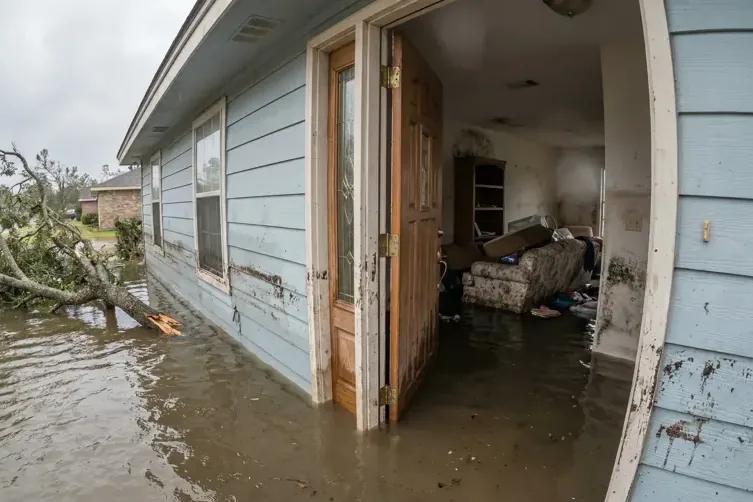 Storm water and debris pooled around a house after heavy rain