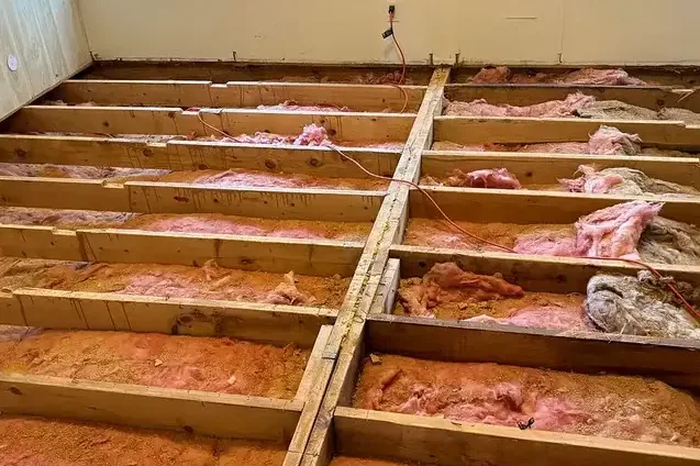 Manufactured home floor opened to the joists and wet insulation after a leak