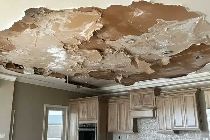 Kitchen ceiling collapsed under water from a roof leak