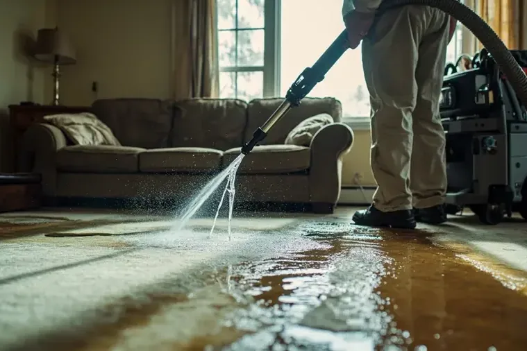 Extraction wand pulling standing water off a flooded living room floor